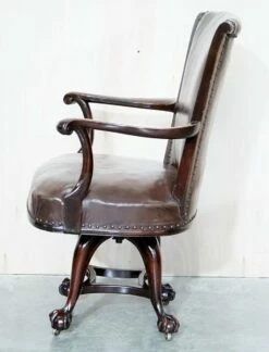 Antique Brown Leather Swivel Captains Chair With Claw & Ball Feet From Thomas Chippendale -PAMONO Sales antique brown leather swivel captains chair with claw ball feet from thomas chippendale 16