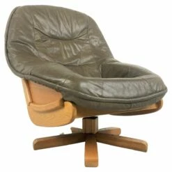 Brutalist Oak And Leather Swivel Chair, 1970s