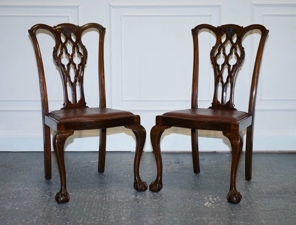Chippendale Style Claw & Ball Side Dining Desk Chairs In Leather, Set Of 2 3 Chippendale Style Claw & Ball Side Dining Desk Chairs In Leather, Set Of 2