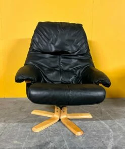 Danish Black Leather Swivel Chair