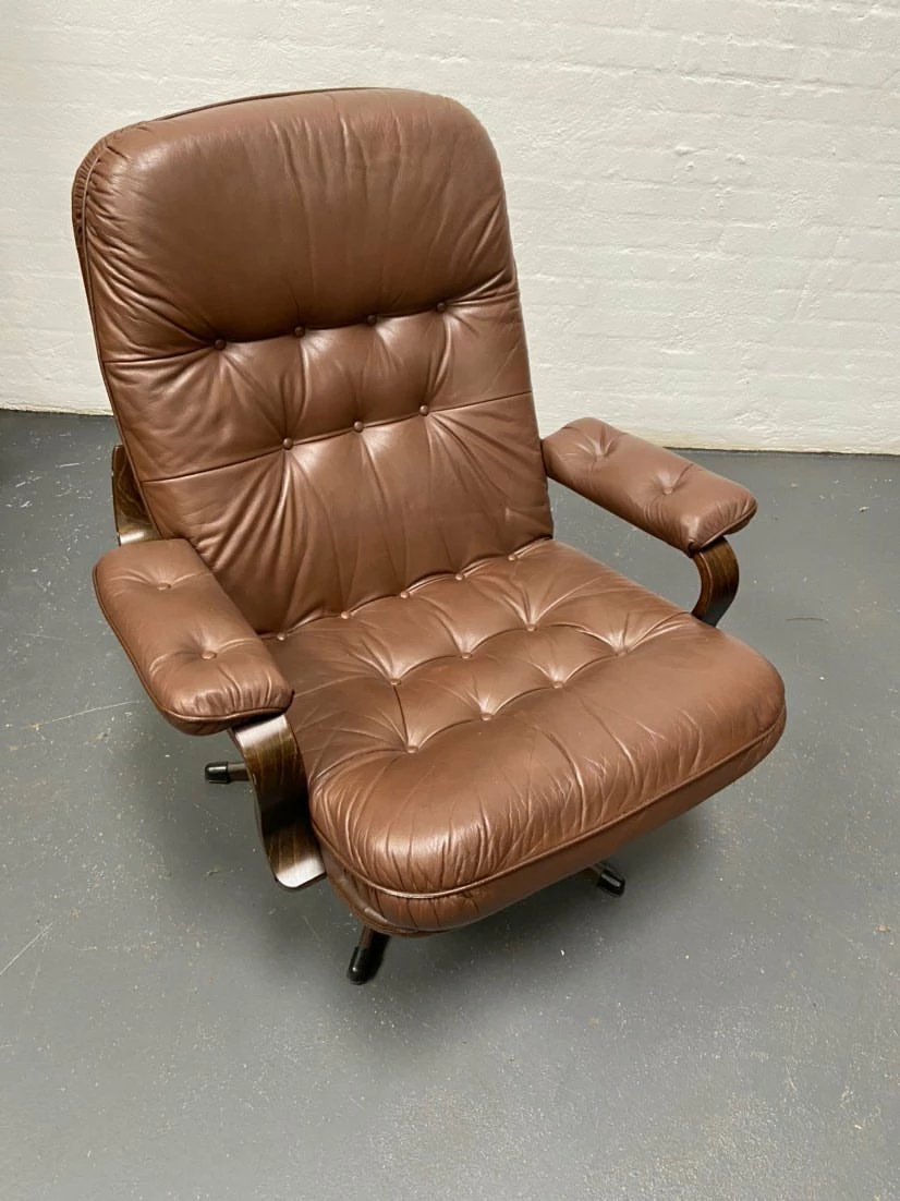 Danish Brown Leather Swivel Chair, 1970s 3 Danish Brown Leather Swivel Chair, 1970s