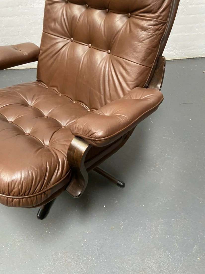 Danish Brown Leather Swivel Chair, 1970s 4 Danish Brown Leather Swivel Chair, 1970s - Image 2