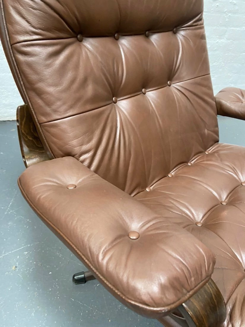 Danish Brown Leather Swivel Chair, 1970s 5 Danish Brown Leather Swivel Chair, 1970s - Image 3