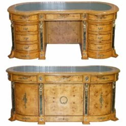 French Empire Revival Burr Walnut Kidney Desk With Bronze Sphinx Mounts And Malachite