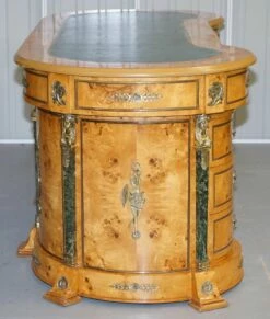 French Empire Revival Burr Walnut Kidney Desk With Bronze Sphinx Mounts And Malachite -PAMONO Sales french empire revival burr walnut kidney desk with bronze sphinx mounts and malachite 15
