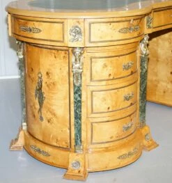 French Empire Revival Burr Walnut Kidney Desk With Bronze Sphinx Mounts And Malachite -PAMONO Sales french empire revival burr walnut kidney desk with bronze sphinx mounts and malachite 5