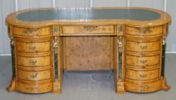 French Empire Revival Burr Walnut Kidney Desk With Bronze Sphinx Mounts And Malachite -PAMONO Sales french empire revival burr walnut kidney desk with bronze sphinx mounts and malachite 6