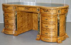 French Empire Revival Burr Walnut Kidney Desk With Bronze Sphinx Mounts And Malachite -PAMONO Sales french empire revival burr walnut kidney desk with bronze sphinx mounts and malachite 8