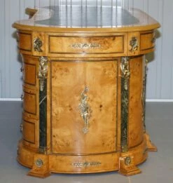 French Empire Revival Burr Walnut Kidney Desk With Bronze Sphinx Mounts And Malachite -PAMONO Sales french empire revival burr walnut kidney desk with bronze sphinx mounts and malachite 9