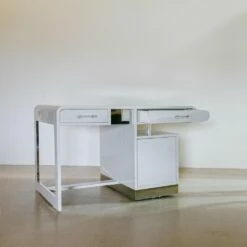 Grey Lacquered Desk With Steel And Acrylic Glass Details, 1950s -PAMONO Sales grey lacquered desk with steel and acrylic glass details 1950s 2