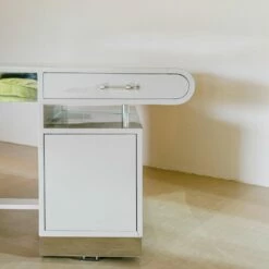 Grey Lacquered Desk With Steel And Acrylic Glass Details, 1950s -PAMONO Sales grey lacquered desk with steel and acrylic glass details 1950s 3