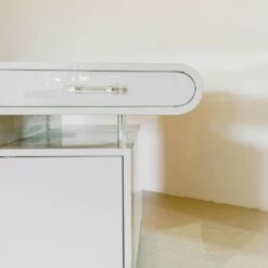 Grey Lacquered Desk With Steel And Acrylic Glass Details, 1950s -PAMONO Sales grey lacquered desk with steel and acrylic glass details 1950s 5