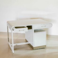 Grey Lacquered Desk With Steel And Acrylic Glass Details, 1950s -PAMONO Sales grey lacquered desk with steel and acrylic glass details 1950s 7