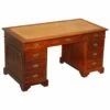 Hardwood Gold Leaf & Embossed Green Leather Twin Pedestal Partner Desk -PAMONO Sales hardwood gold leaf embossed green leather twin pedestal partner desk 1