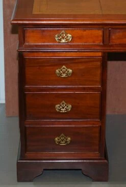 Hardwood Gold Leaf & Embossed Green Leather Twin Pedestal Partner Desk -PAMONO Sales hardwood gold leaf embossed green leather twin pedestal partner desk 10