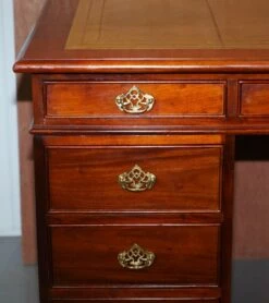 Hardwood Gold Leaf & Embossed Green Leather Twin Pedestal Partner Desk -PAMONO Sales hardwood gold leaf embossed green leather twin pedestal partner desk 11