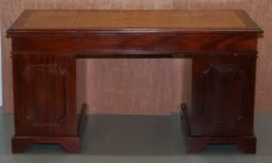 Hardwood Gold Leaf & Embossed Green Leather Twin Pedestal Partner Desk -PAMONO Sales hardwood gold leaf embossed green leather twin pedestal partner desk 13