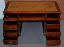 Hardwood Gold Leaf & Embossed Green Leather Twin Pedestal Partner Desk -PAMONO Sales hardwood gold leaf embossed green leather twin pedestal partner desk 17