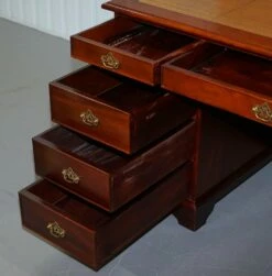 Hardwood Gold Leaf & Embossed Green Leather Twin Pedestal Partner Desk -PAMONO Sales hardwood gold leaf embossed green leather twin pedestal partner desk 19