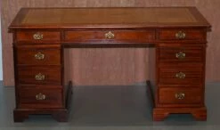 Hardwood Gold Leaf & Embossed Green Leather Twin Pedestal Partner Desk -PAMONO Sales hardwood gold leaf embossed green leather twin pedestal partner desk 2