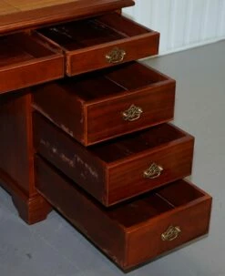 Hardwood Gold Leaf & Embossed Green Leather Twin Pedestal Partner Desk -PAMONO Sales hardwood gold leaf embossed green leather twin pedestal partner desk 20