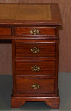 Hardwood Gold Leaf & Embossed Green Leather Twin Pedestal Partner Desk -PAMONO Sales hardwood gold leaf embossed green leather twin pedestal partner desk 7