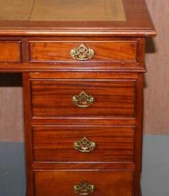 Hardwood Gold Leaf & Embossed Green Leather Twin Pedestal Partner Desk -PAMONO Sales hardwood gold leaf embossed green leather twin pedestal partner desk 8