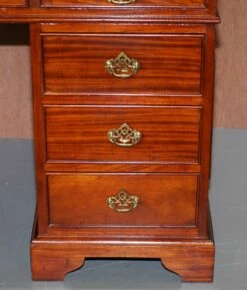 Hardwood Gold Leaf & Embossed Green Leather Twin Pedestal Partner Desk -PAMONO Sales hardwood gold leaf embossed green leather twin pedestal partner desk 9