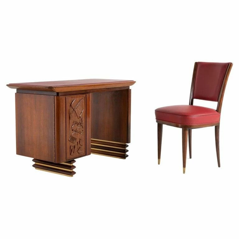 Italian Modern Desk In Carved Walnut And Rosewood With Side Chair 3 Italian Modern Desk In Carved Walnut And Rosewood With Side Chair