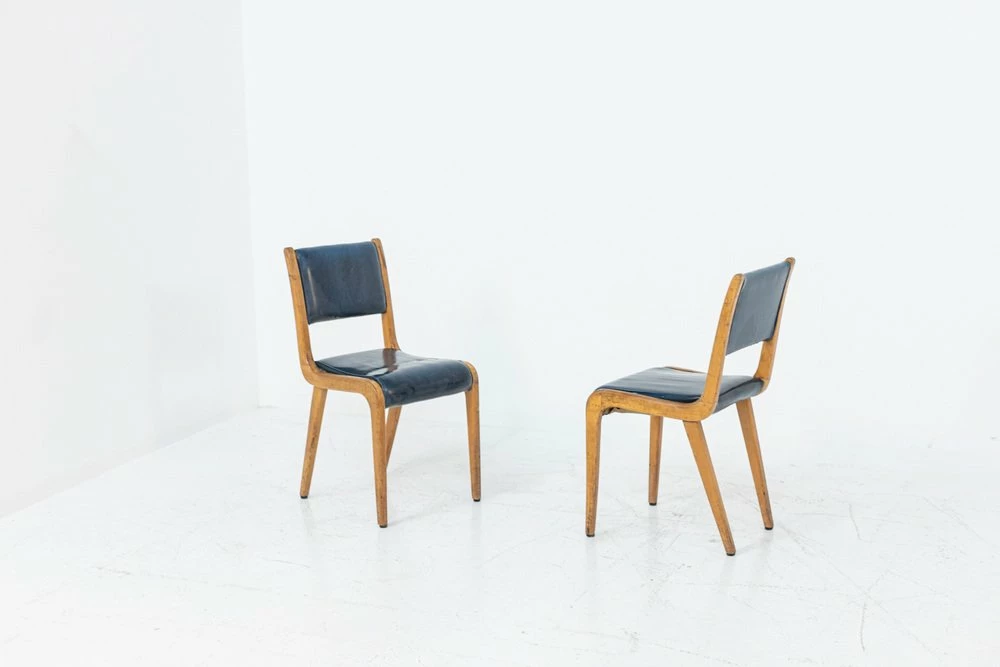 Italian Vintage Blue Fabric Desk Chairs, 1950s, Set Of 2 3 Italian Vintage Blue Fabric Desk Chairs, 1950s, Set Of 2