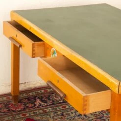 Large Italian Solid Table Desk With Drawers From Ministerial Office In Veneered Beech Wood With Green Coated Top, 1950s -PAMONO Sales large italian solid table desk with drawers from ministerial office in veneered beech wood with green coated top 1950s 14