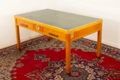 Large Italian Solid Table Desk With Drawers From Ministerial Office In Veneered Beech Wood With Green Coated Top, 1950s -PAMONO Sales large italian solid table desk with drawers from ministerial office in veneered beech wood with green coated top 1950s 2