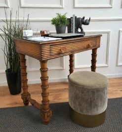 Mid-Century Italian Art Deco Style Walnut, Brass & Glass Top Desk, 1960s -PAMONO Sales mid century italian art deco style walnut brass glass top desk 1960s 2