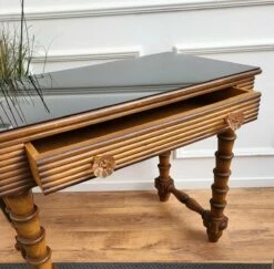 Mid-Century Italian Art Deco Style Walnut, Brass & Glass Top Desk, 1960s -PAMONO Sales mid century italian art deco style walnut brass glass top desk 1960s 6