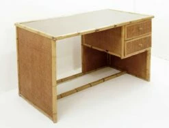 Mid-Century Italian Glass Bamboo & Wicker Desk With Drawers, 1980s -PAMONO Sales mid century italian glass bamboo wicker desk with drawers 1980s 3
