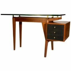 Mid-Century Italian Writing Desk With Thick Glass Top & Leather Drawers From Borghi