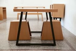 Minimalist European Handmade Table Of Lined Beech Wood And Metal Base By Maria Vidali