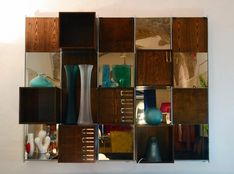 Modular Wood And Mirror Wall Unit, 1970s 4 Modular Wood And Mirror Wall Unit, 1970s - Image 2