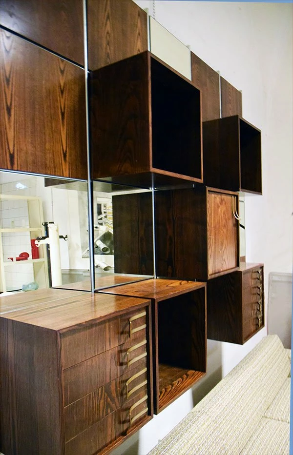 Modular Wood And Mirror Wall Unit, 1970s 5 Modular Wood And Mirror Wall Unit, 1970s - Image 3