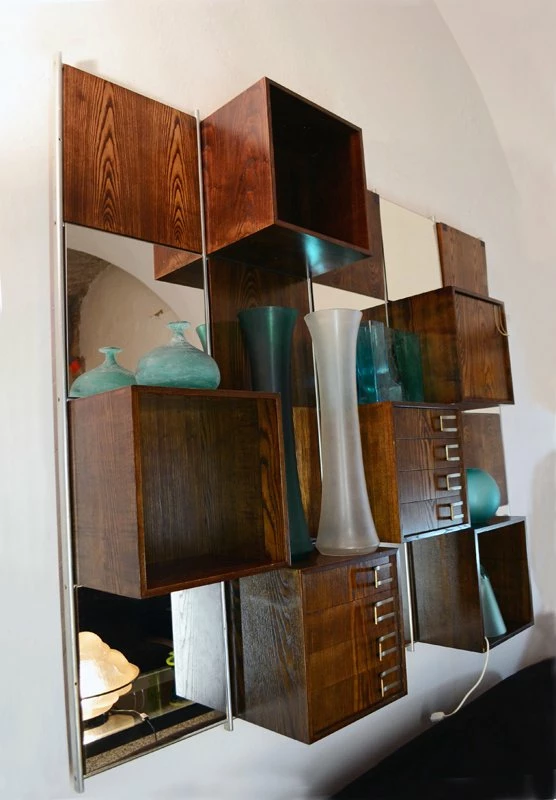 Modular Wood And Mirror Wall Unit, 1970s 7 Modular Wood And Mirror Wall Unit, 1970s - Image 5