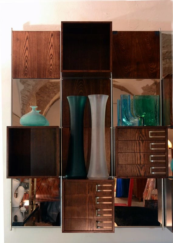 Modular Wood And Mirror Wall Unit, 1970s 10 Modular Wood And Mirror Wall Unit, 1970s - Image 8