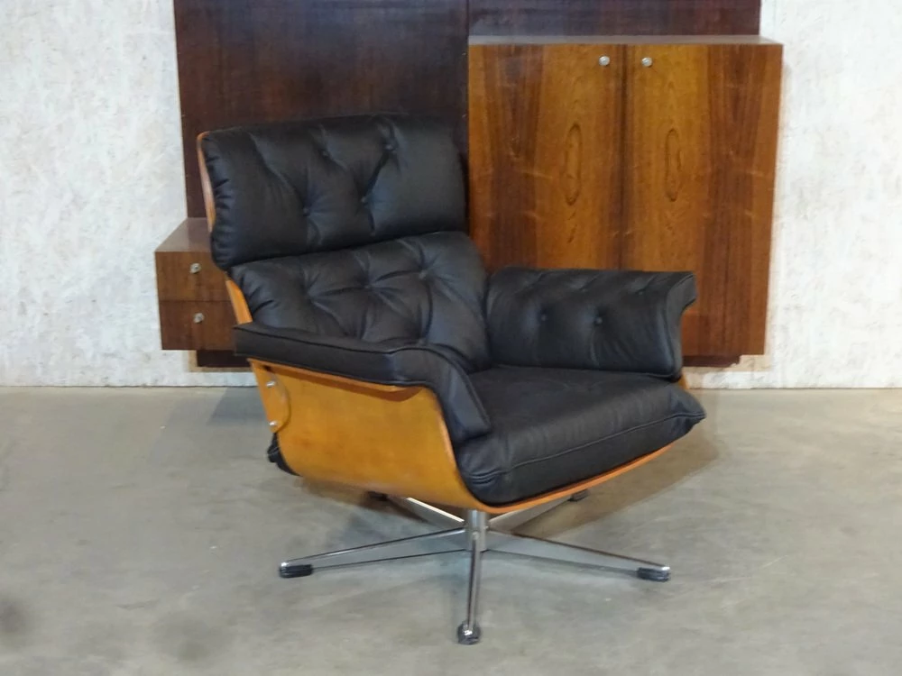 Plywood Black Leather Swivel Chair Attributed To Martin Stoll For Giroflex Ag, 1960s 6 Plywood Black Leather Swivel Chair Attributed To Martin Stoll For Giroflex Ag, 1960s - Image 4