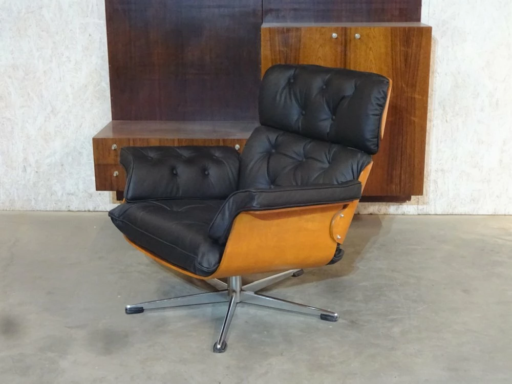 Plywood Black Leather Swivel Chair Attributed To Martin Stoll For Giroflex Ag, 1960s 8 Plywood Black Leather Swivel Chair Attributed To Martin Stoll For Giroflex Ag, 1960s - Image 6