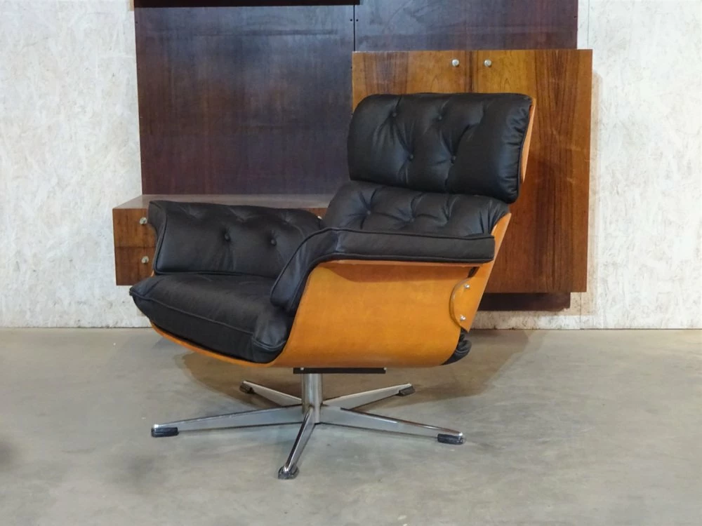 Plywood Black Leather Swivel Chair Attributed To Martin Stoll For Giroflex Ag, 1960s 10 Plywood Black Leather Swivel Chair Attributed To Martin Stoll For Giroflex Ag, 1960s - Image 8