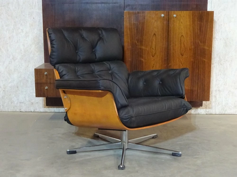 Plywood Black Leather Swivel Chair Attributed To Martin Stoll For Giroflex Ag, 1960s 11 Plywood Black Leather Swivel Chair Attributed To Martin Stoll For Giroflex Ag, 1960s - Image 9
