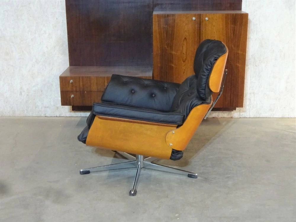 Plywood Black Leather Swivel Chair Attributed To Martin Stoll For Giroflex Ag, 1960s 12 Plywood Black Leather Swivel Chair Attributed To Martin Stoll For Giroflex Ag, 1960s - Image 10