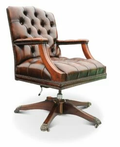 Swivel Desk Chair In Polished Brown Leather, 1970s
