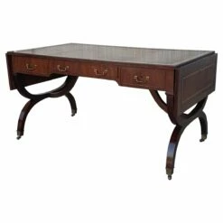 Victorian Library Writing Table With Brown Leather Top