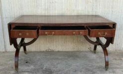 Victorian Library Writing Table With Brown Leather Top -PAMONO Sales victorian library writing table with brown leather top 10