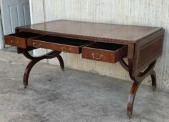 Victorian Library Writing Table With Brown Leather Top -PAMONO Sales victorian library writing table with brown leather top 11